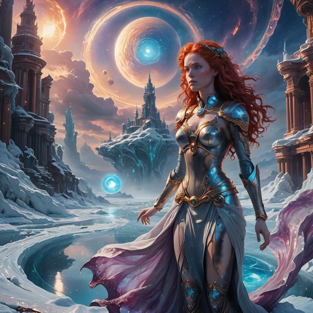 Redhead on Neptune in Sci-Fi Oil Painting