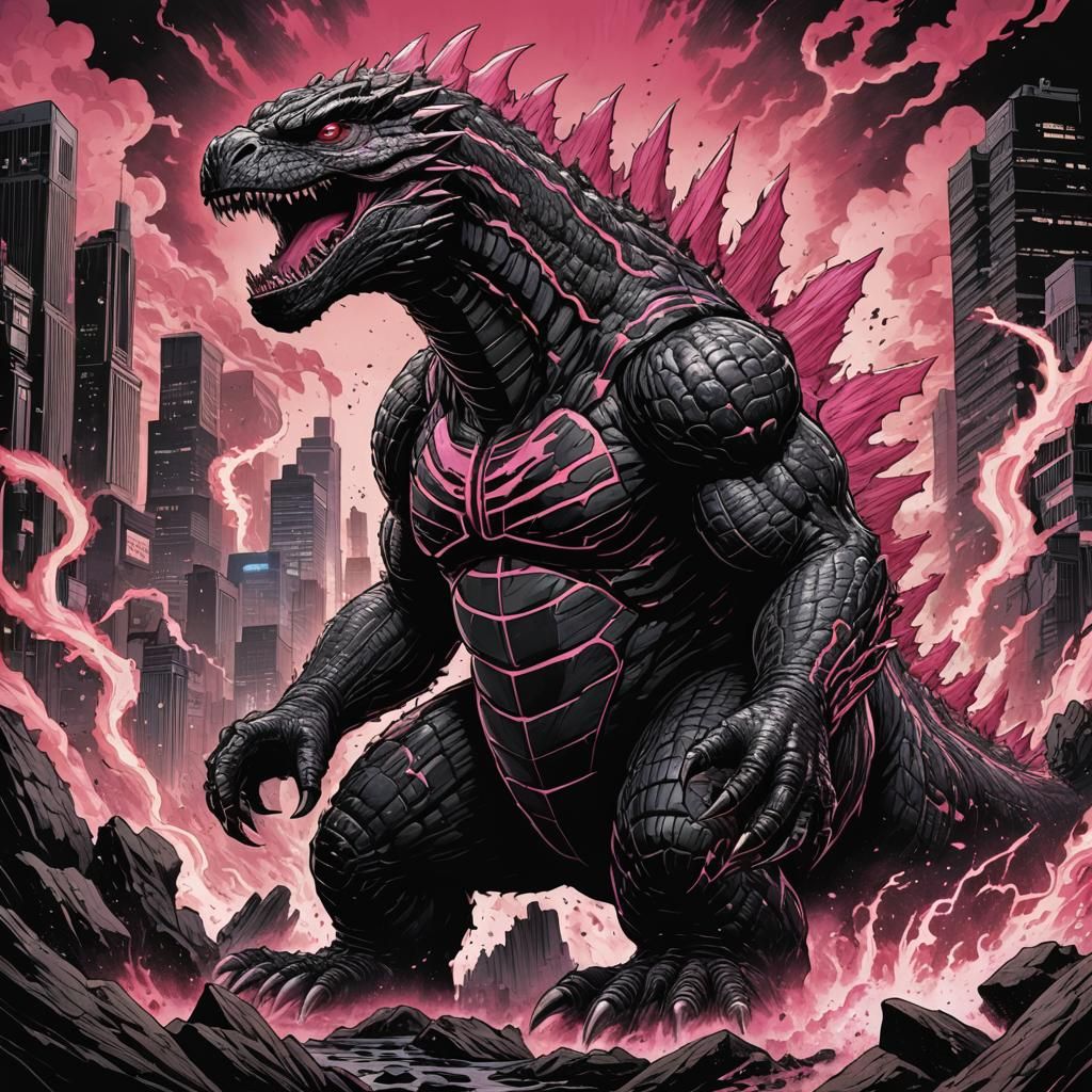 Pink and Black Godzilla in Comic Book Art