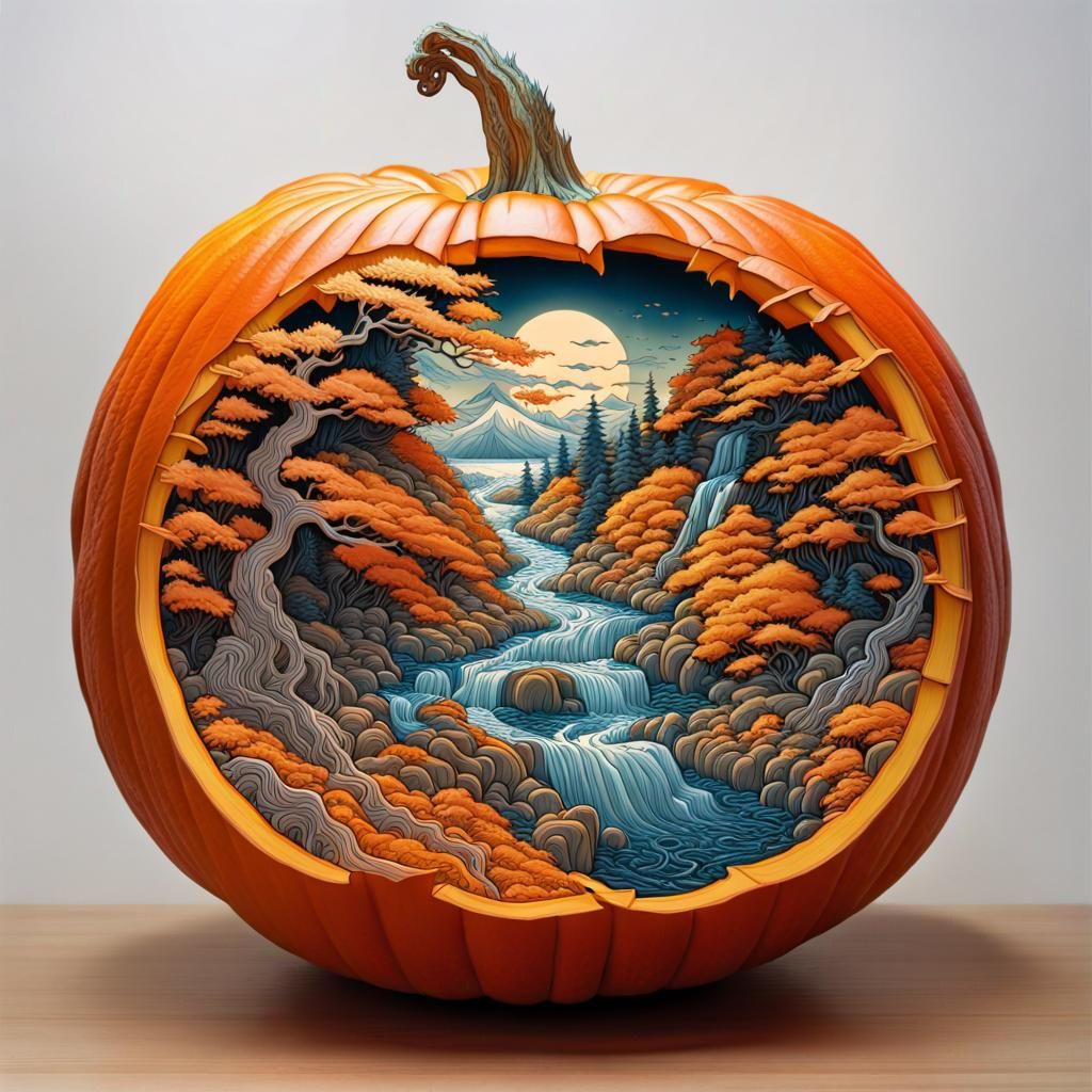 Japanese Landscape Pumpkin Carving: Gouache Painting