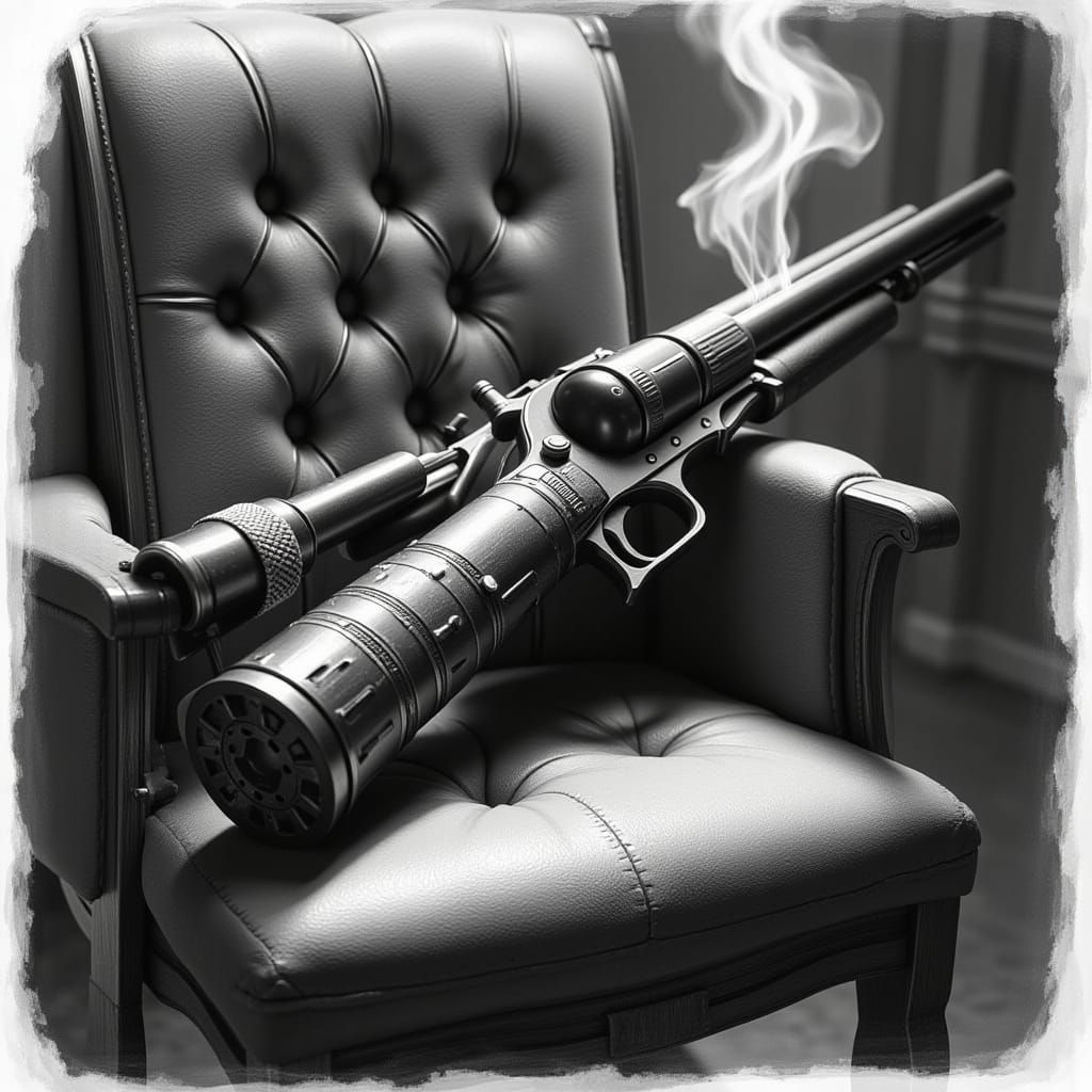 Gun on Chair, Smoking Barrel in Charcoal Drawing Style