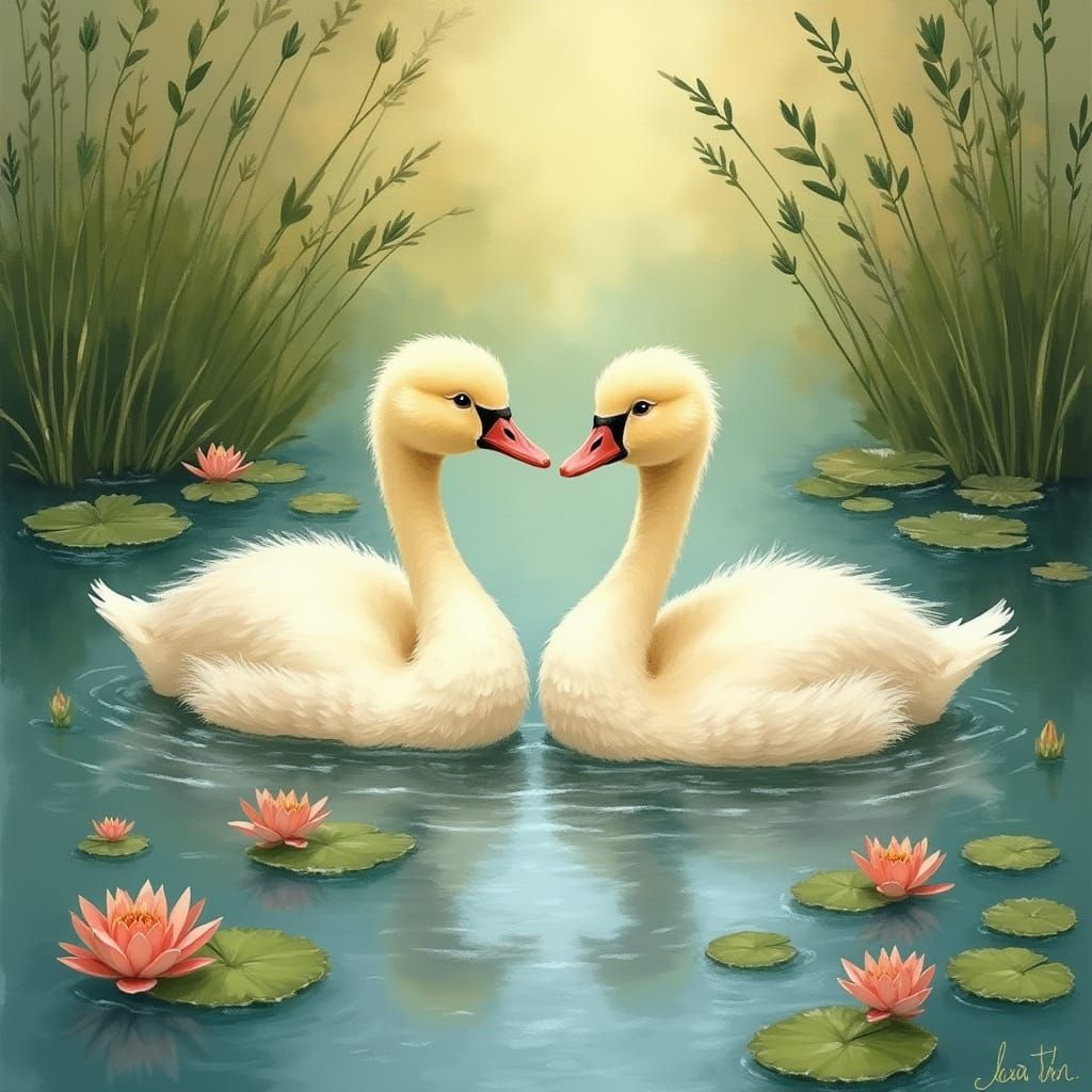Idyllic Twin Cygnets in Whimsical Water Scene