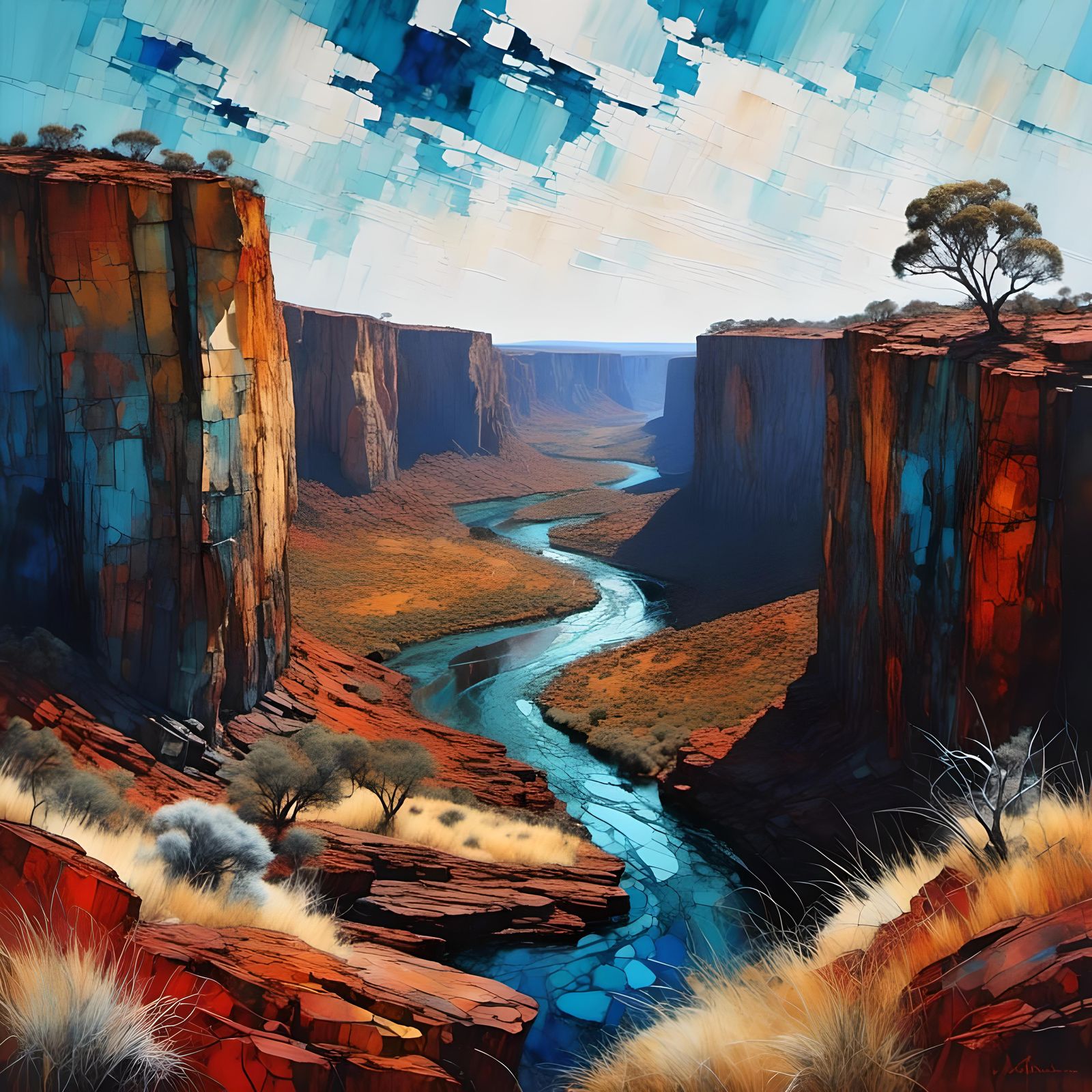 Australian Gorge Landscape in Mixed Media Style