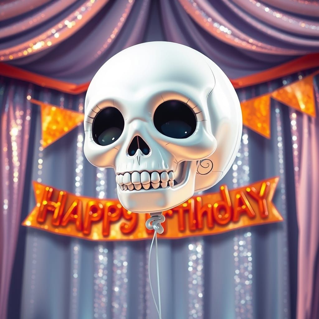 Whimsical Skull Balloon With Festive Birthday Banner