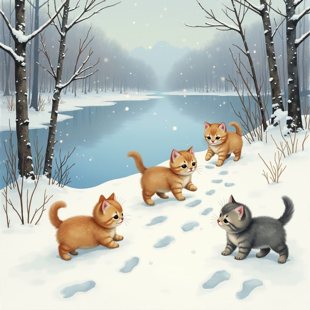 Whimsical Kittens Play in Enchanted Winter Wonderland