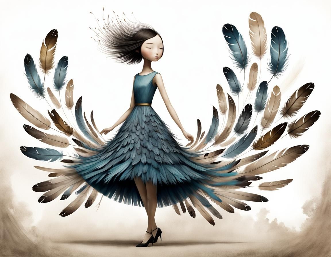 Feather Dress Transformation: Whimsical Surreal Sketch