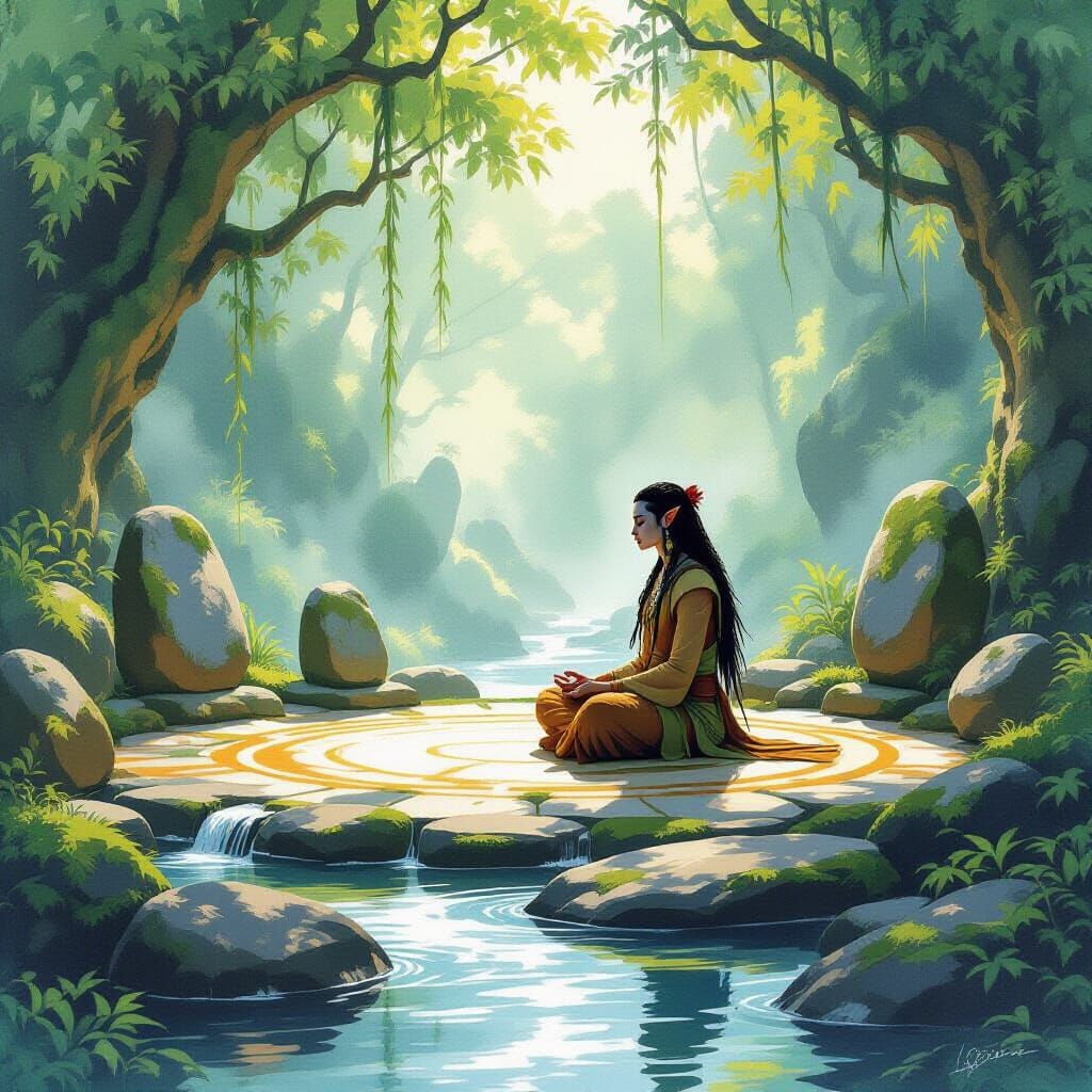 Na'vi Meditating in Forest Clearing: Watercolor Art