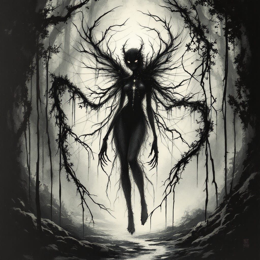 Elegant Spider-Fairy Weaves Destiny in Shadowy Twilight