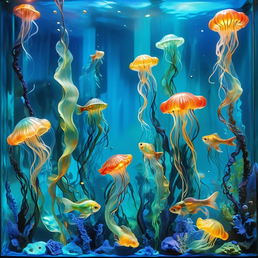 Surreal Aquarium with Mermaids, Oil Painting
