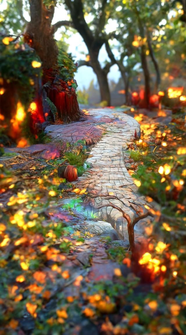 Fantasy Autumn Forest Pathway at Sunset