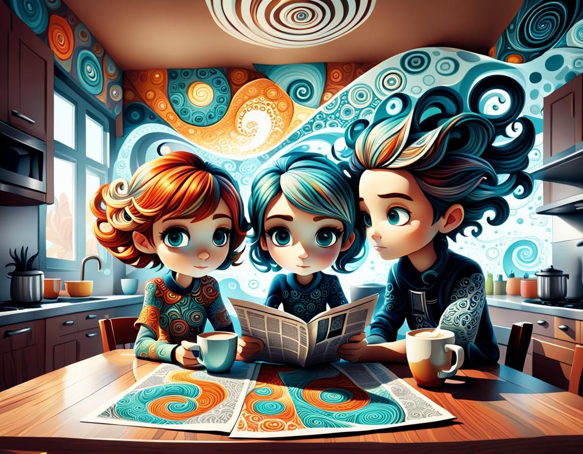 Chibi Children Enjoying Lattes in Fractal Dreamscape