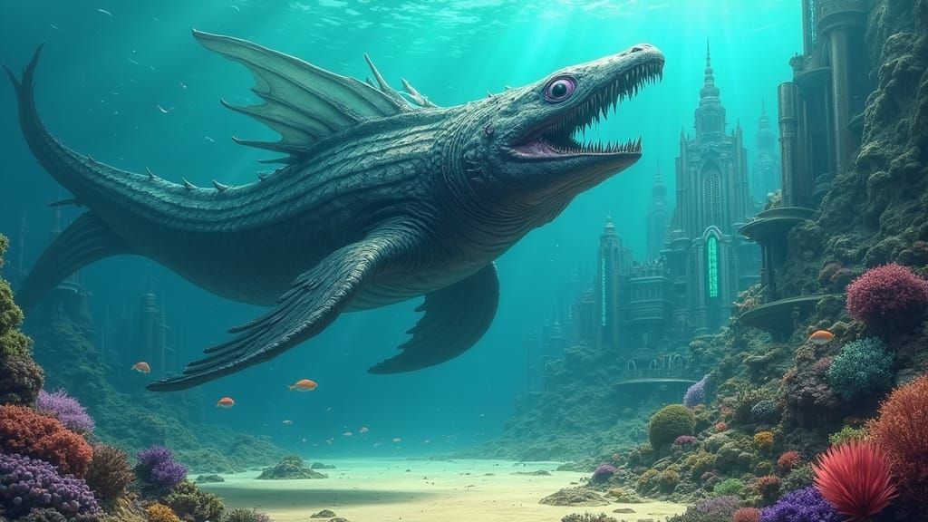 Majestic Underwater Dragon Leviathan Guards Iridescent City