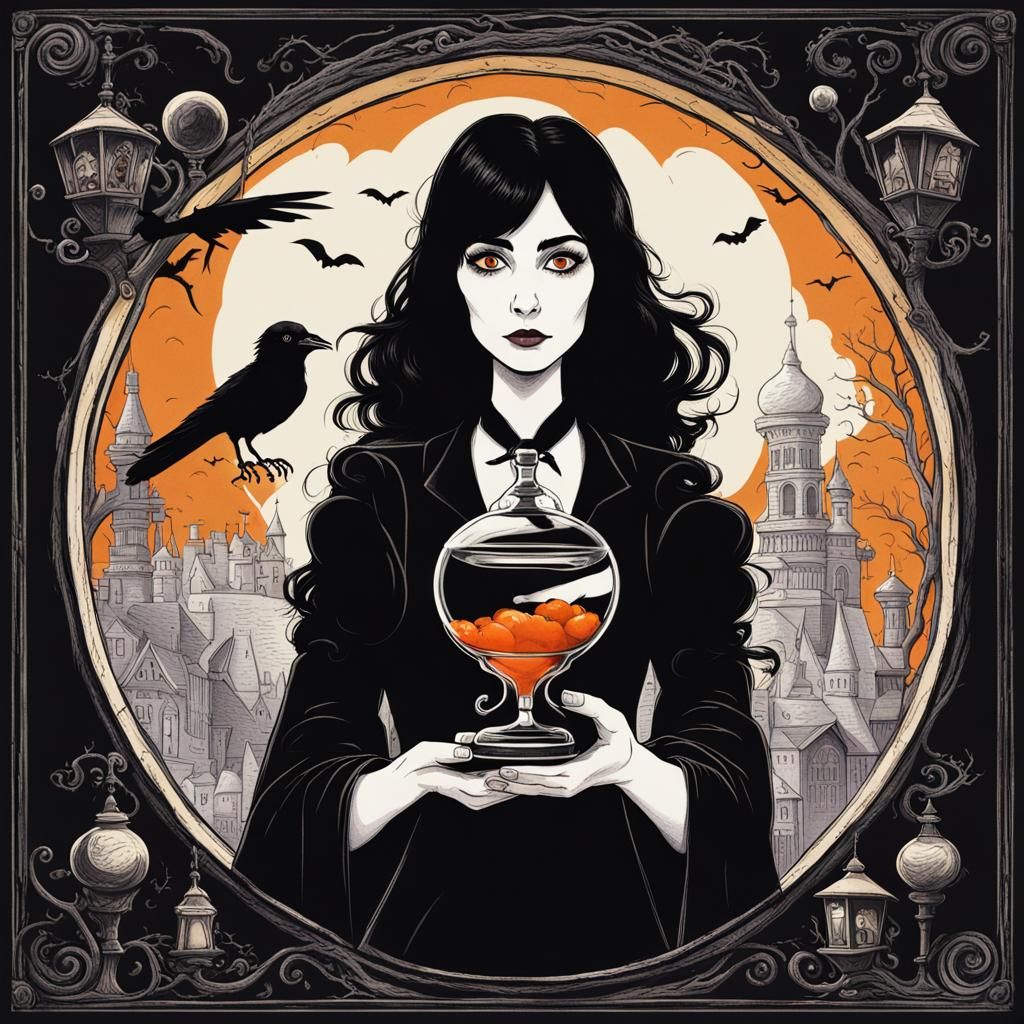 Woman with Raven in Tim Burton Cartoon Style