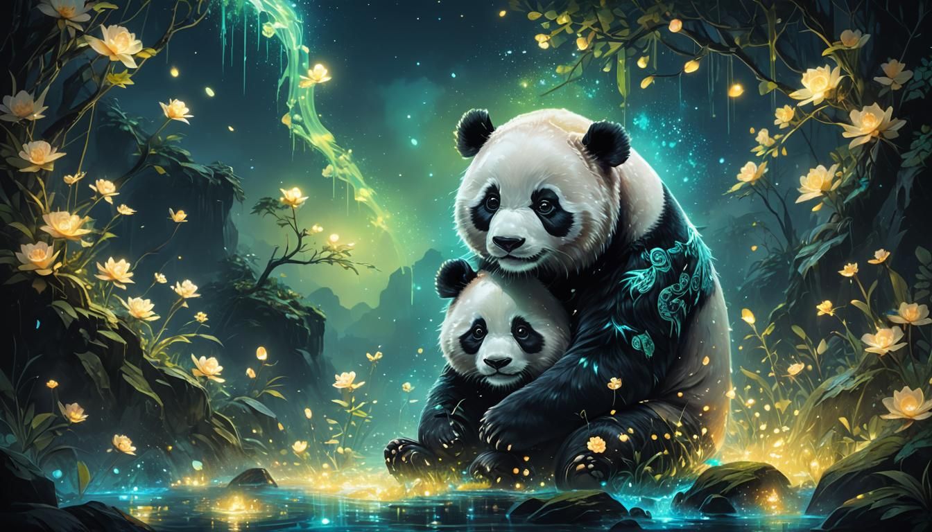 Bioluminescent Panda in the Dark: Fantasy Oil Painting