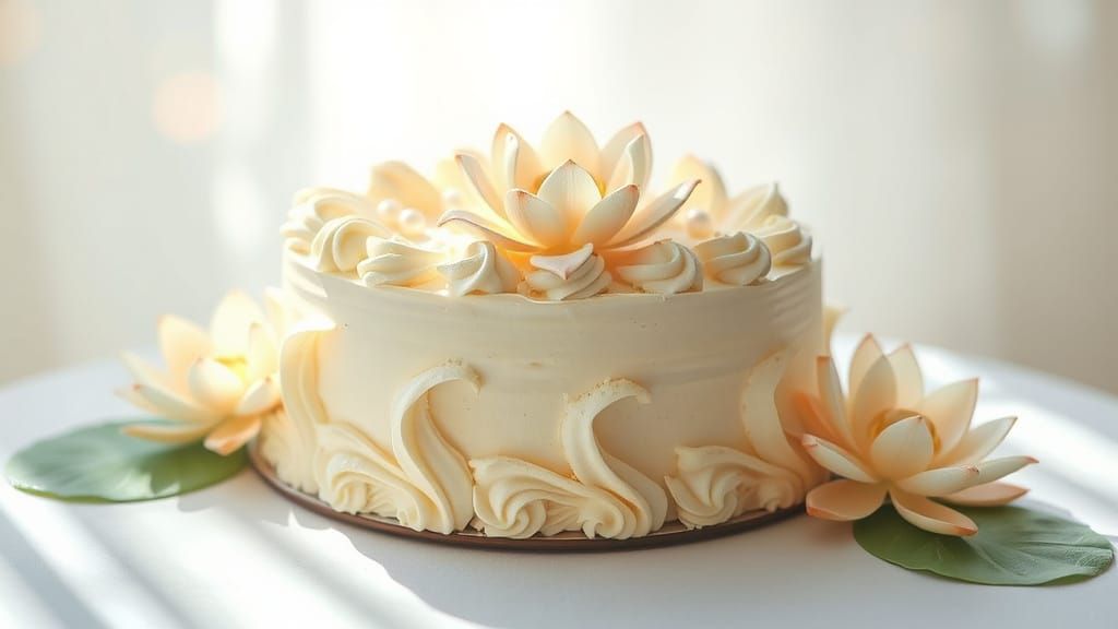 Ethereal Cake Landscape with Lotus Flowers in Soft Pastel Co...