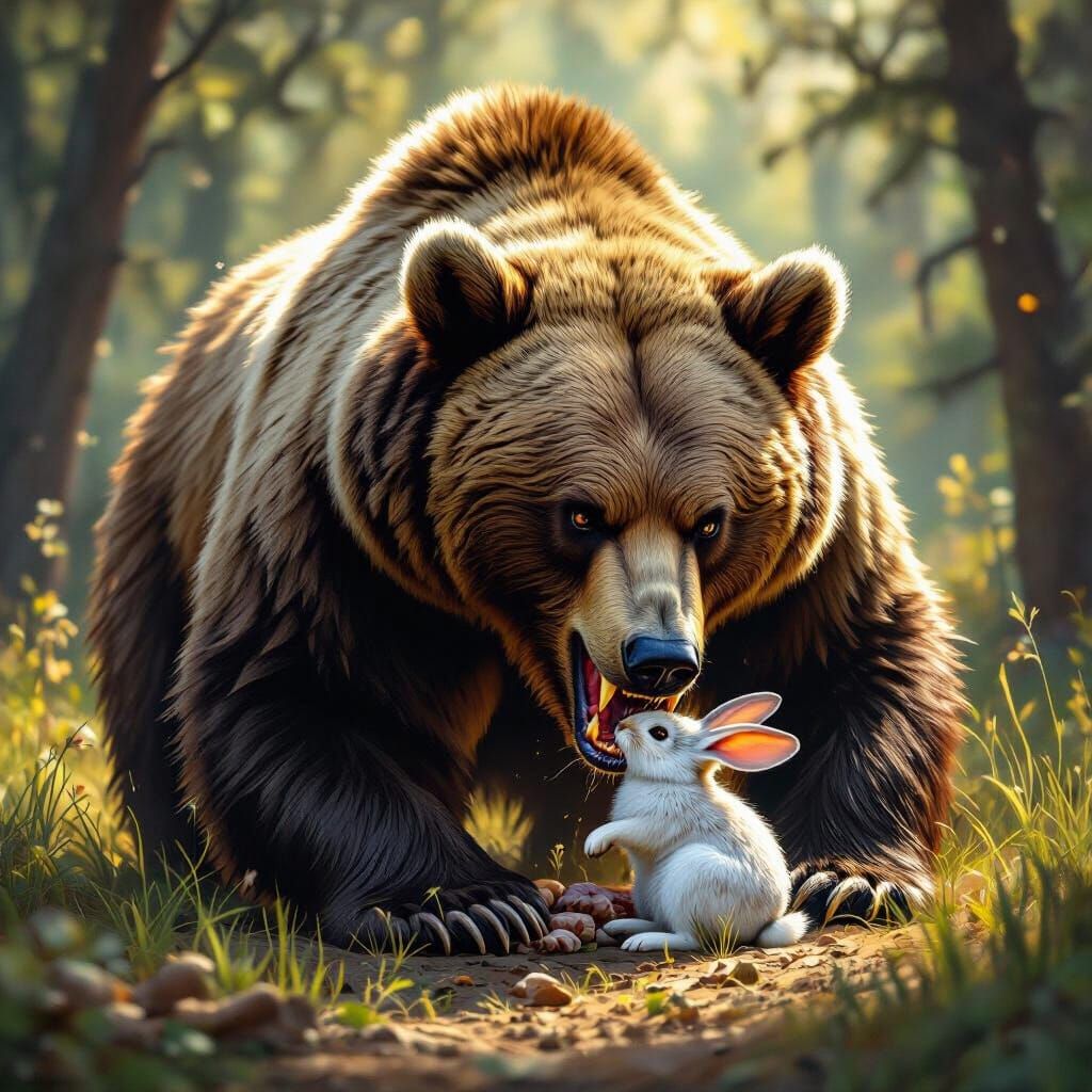 Grizzly Bear Fiercely Devours Rabbit in Forest