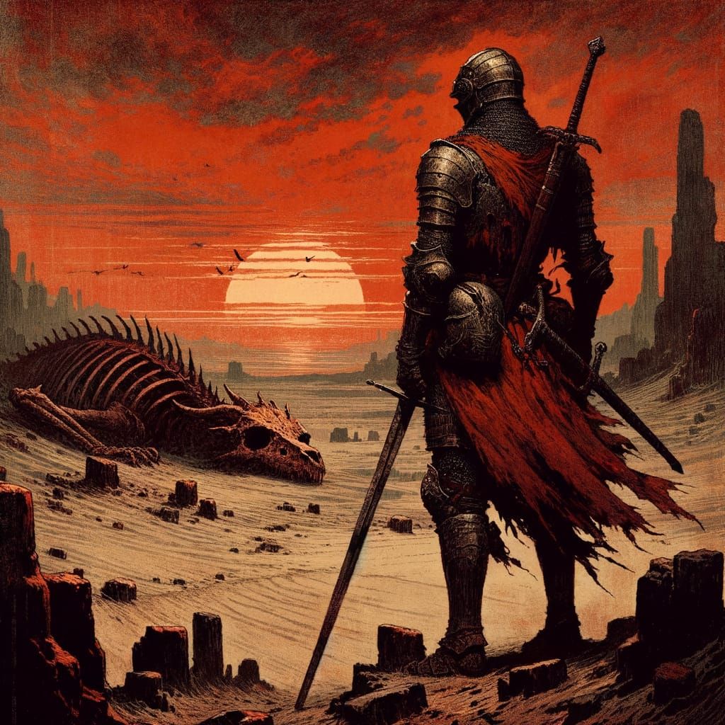 Knight Silhouette Against Crimson Sunset