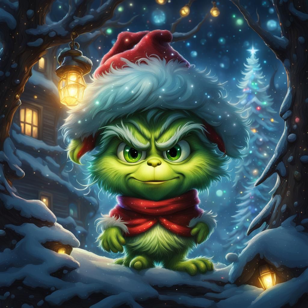 Grinch Chibi in Frozen Forest with Christmas Lights
