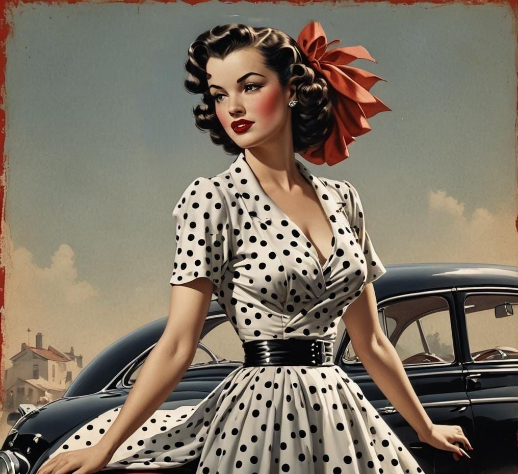 Vintage 1940s Pin-up Girl with Black Hair, Red Lips, Polka D...