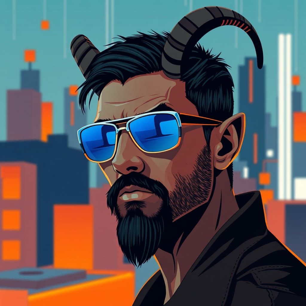 Cyberpunk Portrait: Man with Goat Features in Dystopian City