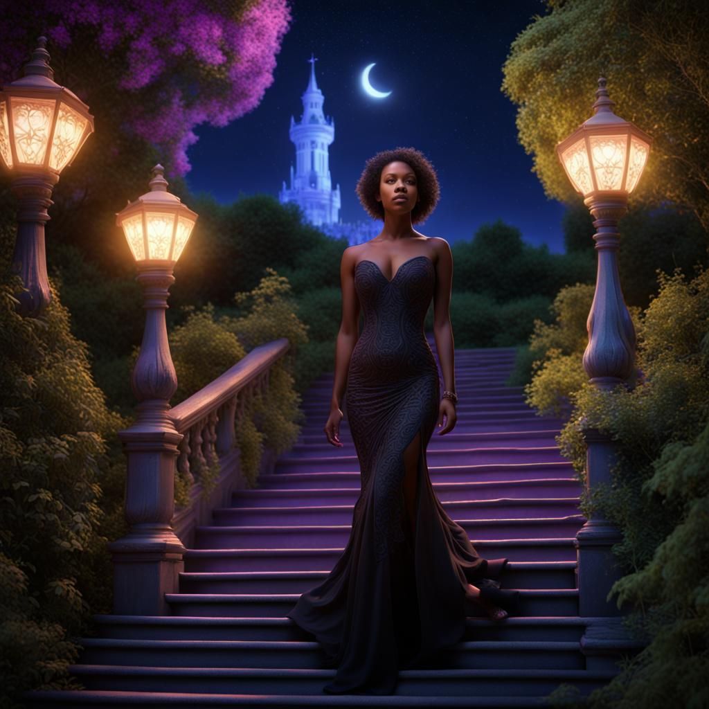 Black Light Woman in Magical Garden at Night
