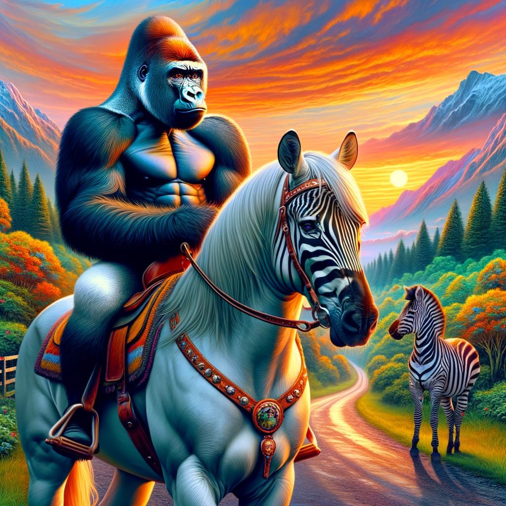 Confident Gorilla Rides Majestically in Maximalist Paradise