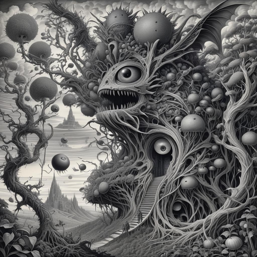 Surreal Seed Pod Landscape in Detailed Pen Drawing