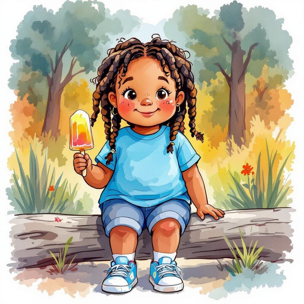 Happy Girl with Braids in Watercolor Style