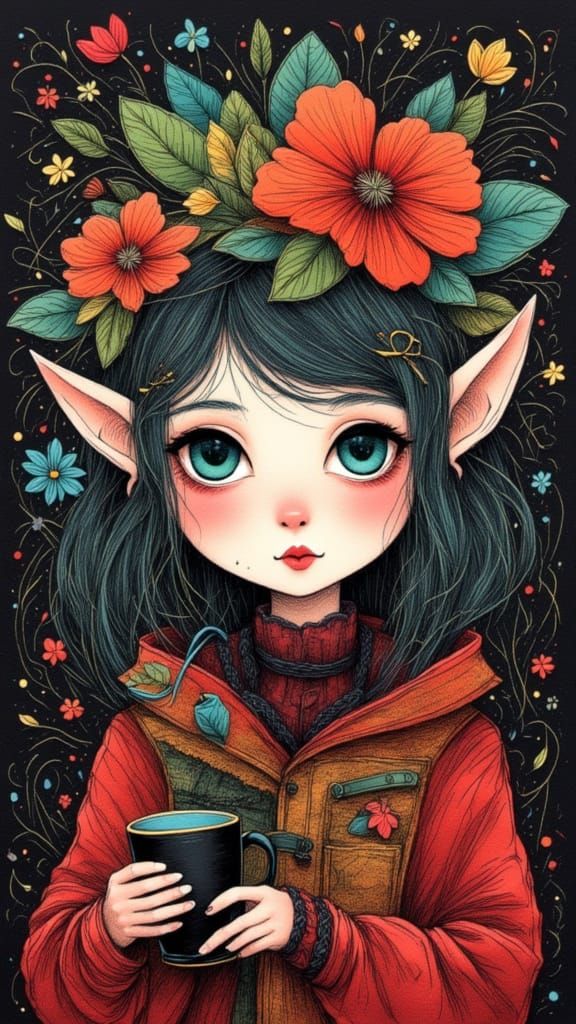 Punk Female Elf Portrait in Tapestry Style