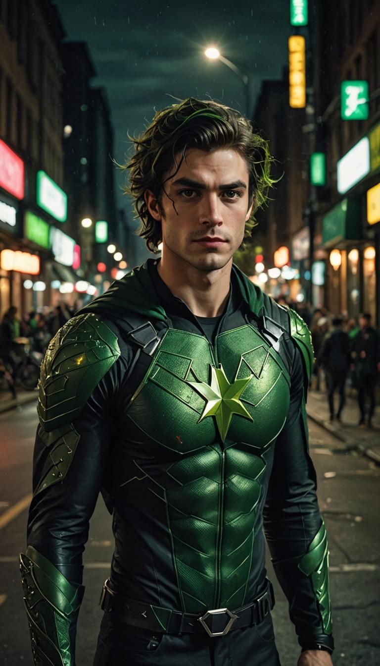 A highly realistic photograph of a young man wearing a superhero outfit that's a cross between Robin the boy Wonder and ...