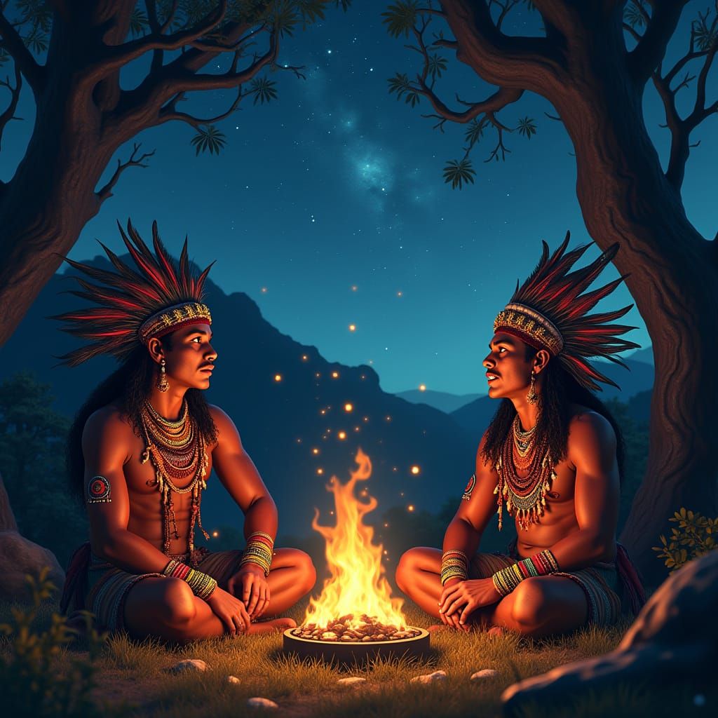 South American Indigenous Brothers in Traditional Attire, Un...