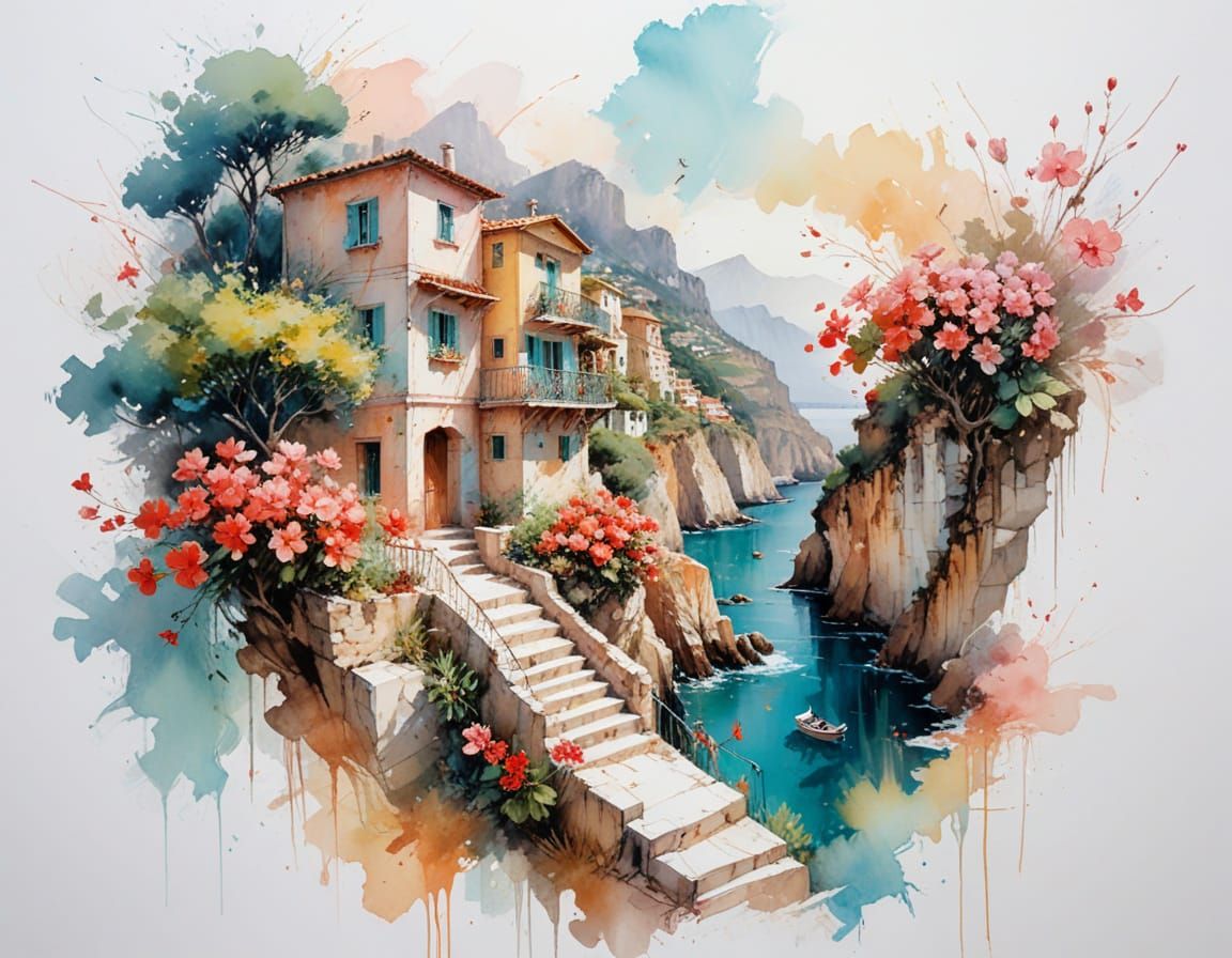 Mediterranean Cliffside Homes Overflowing with Geraniums in ...