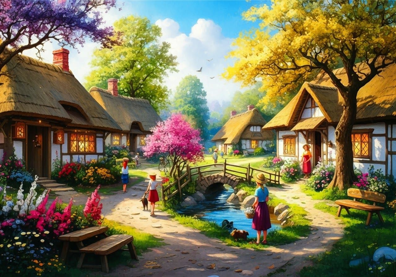 Rustic Village Scene in Watercolor Painting