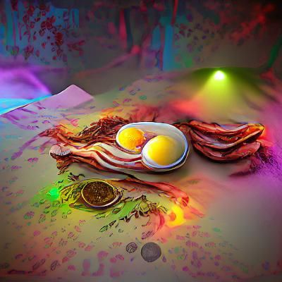 Two Fried Eggs and Bacon in Neon Psychedelic Style