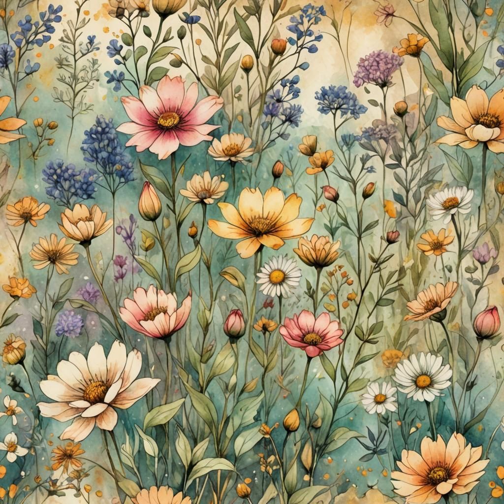 Beautiful Garden in Watercolor Ink Splash Art Style