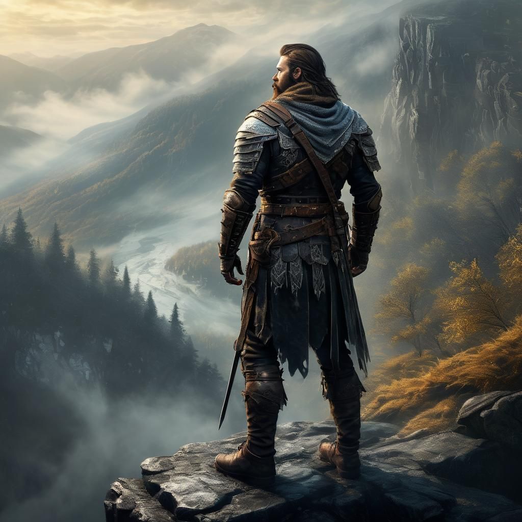 Bearded Adventurer Overlooking Misty Forest