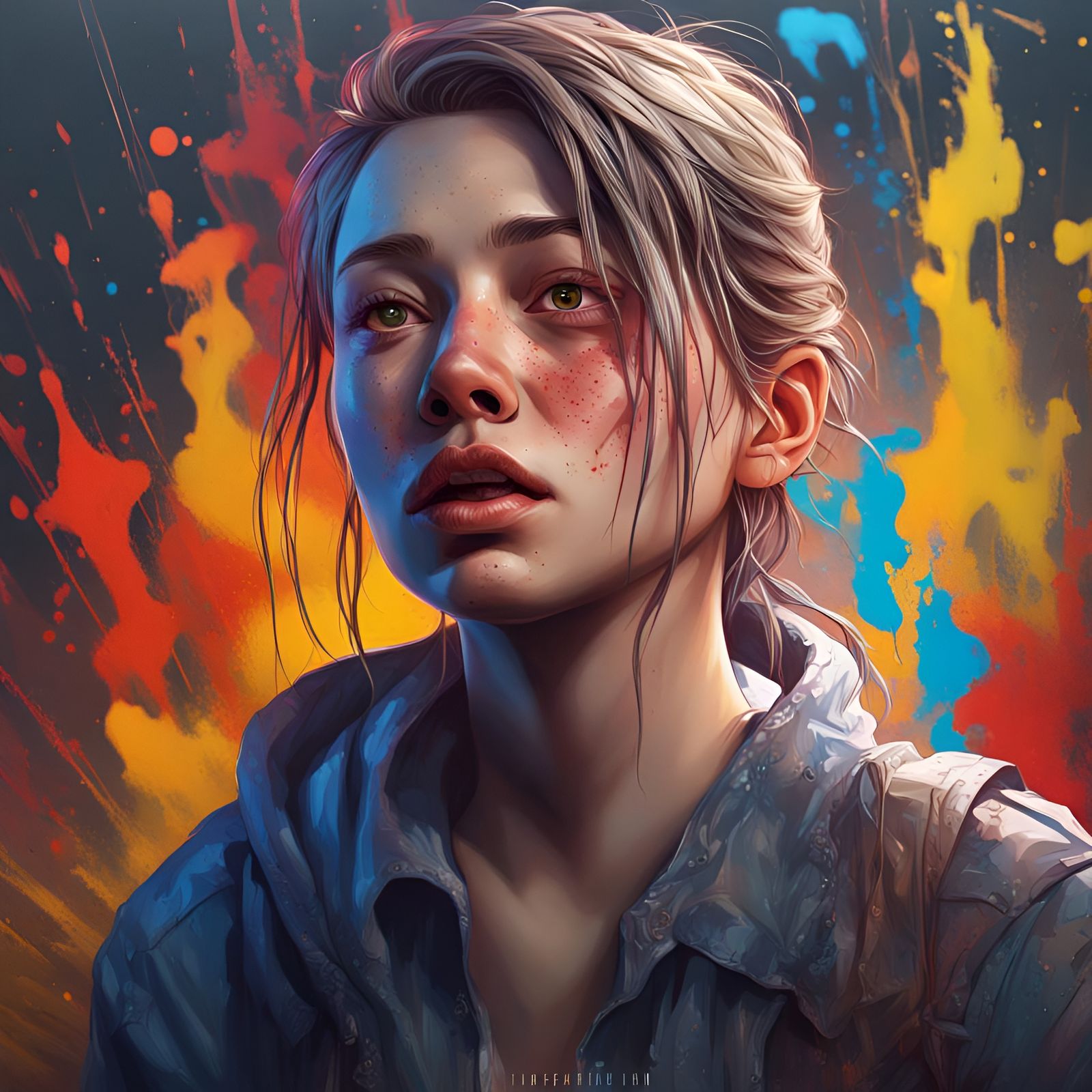 Dramatic Hyperrealistic Portrait in Colorful Splash Art Styl...