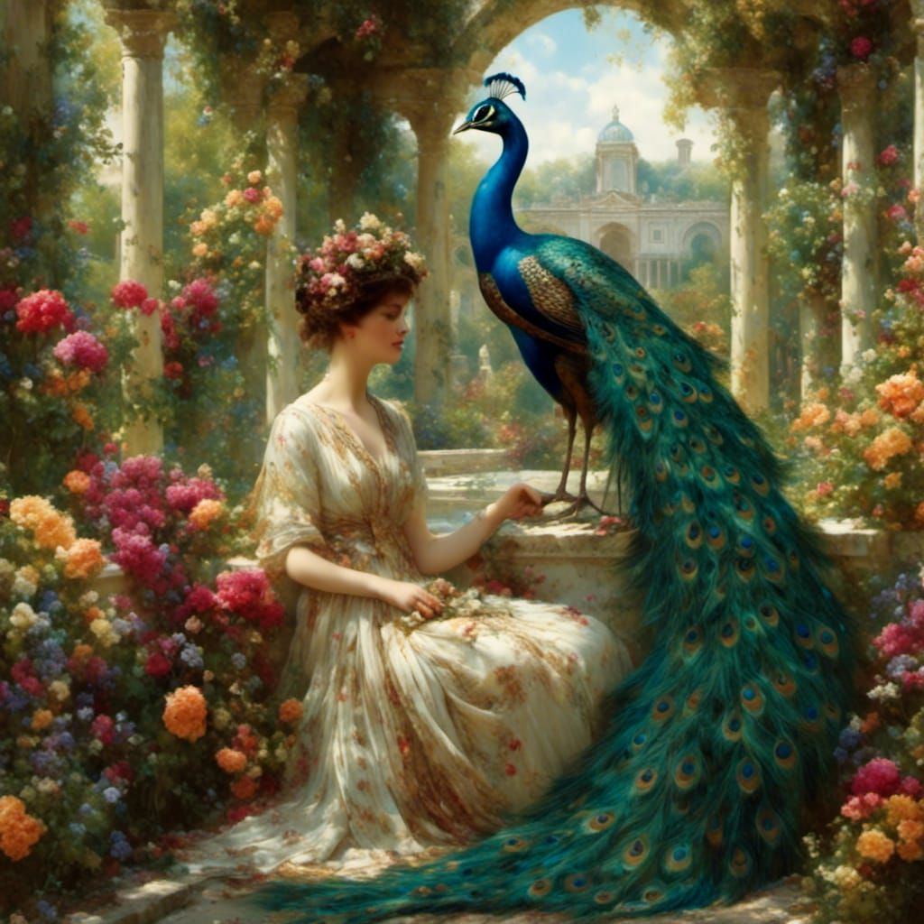 Peacock in Palladian Garden: Alma-Tadema Style