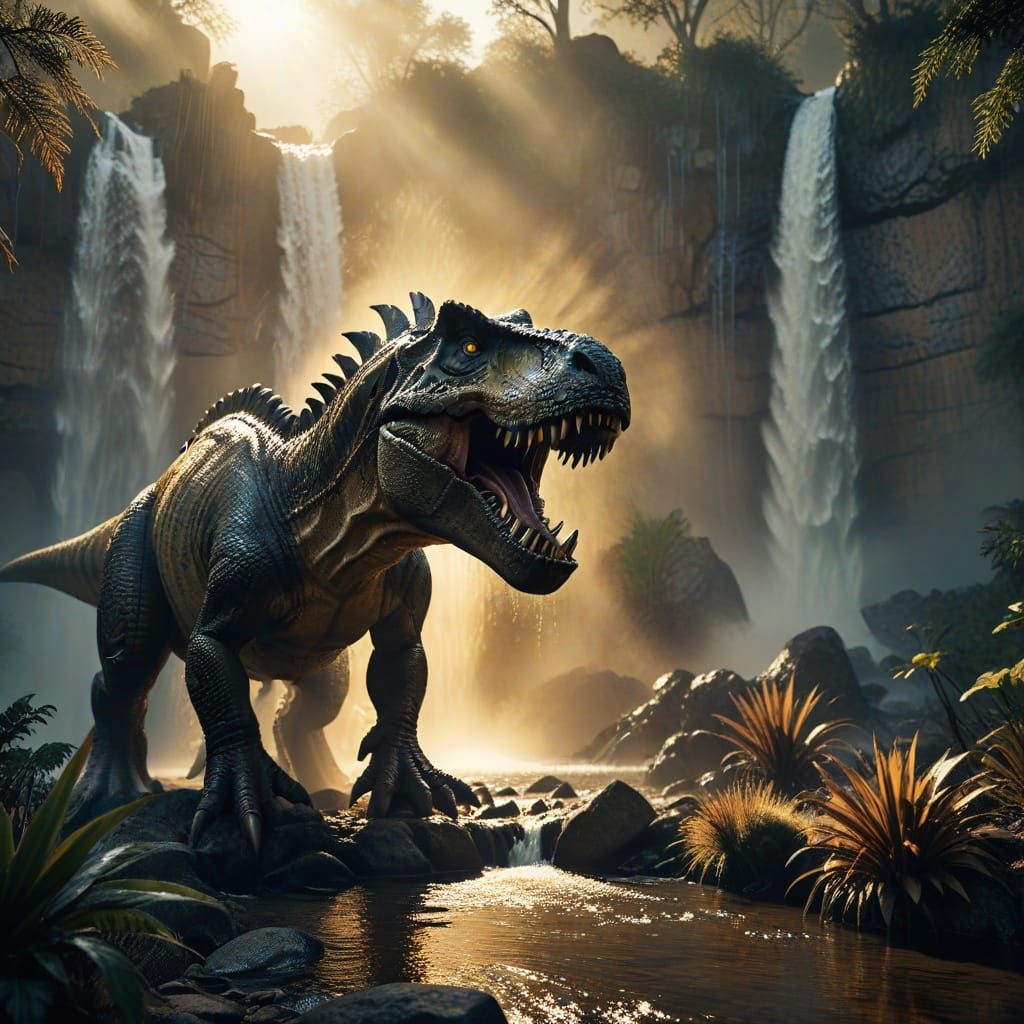 T-Rex Threatens Stegosaurus in Jurassic Film Noir