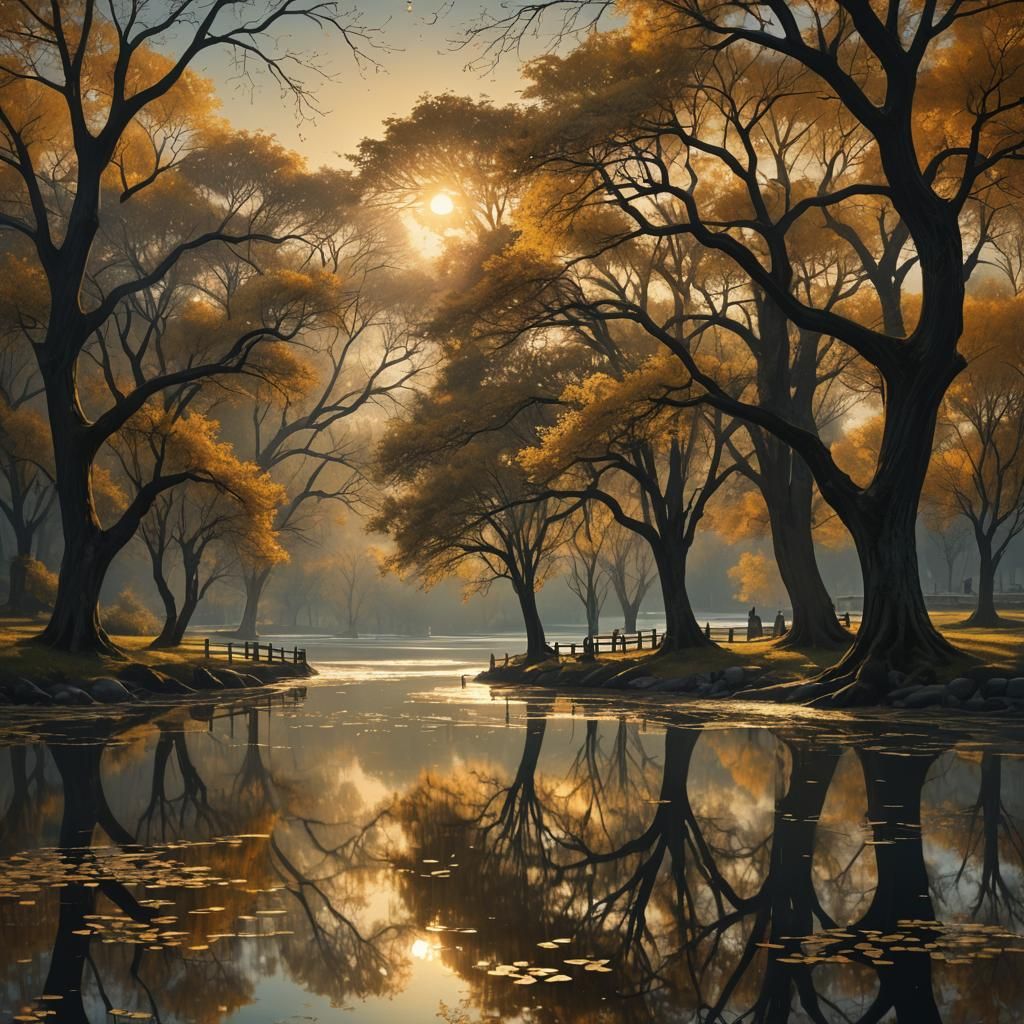 Golden Sunset over a Quiet Riverside Park