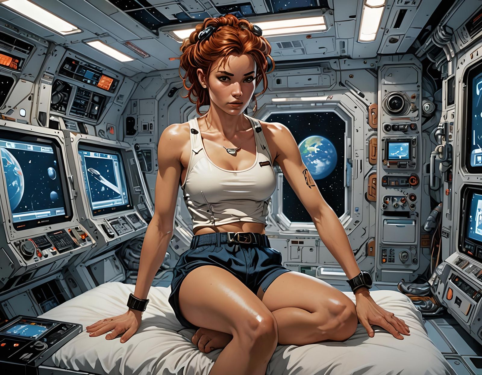 Futuristic Space Station Bedroom Illustration in Neo-Traditi...