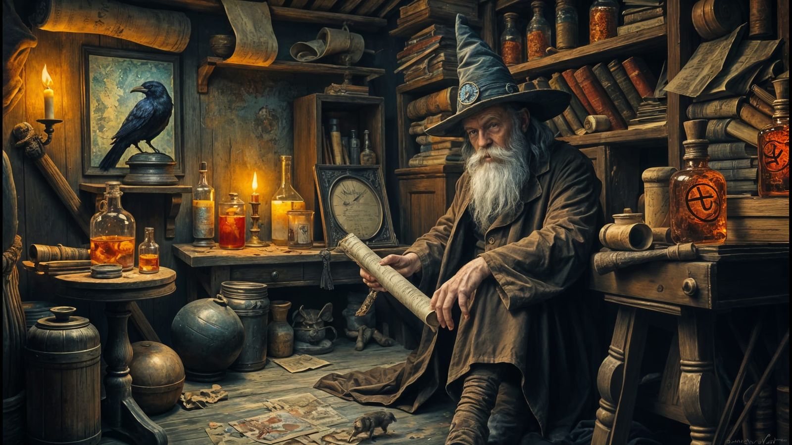 Surreal Oil Painting of a Wizard's Study