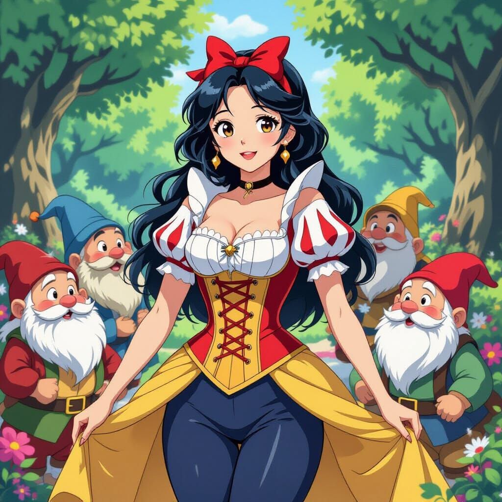 Anime Snow White with Dwarves in Ghibli Style