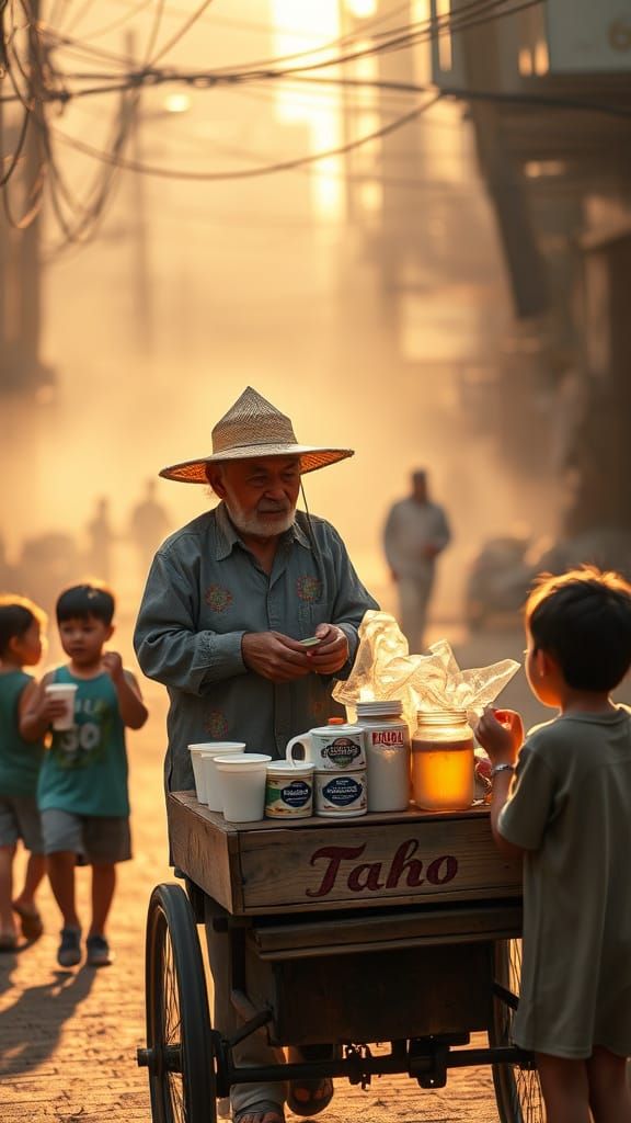 Filipino Man Selling Taho on Foggy Street