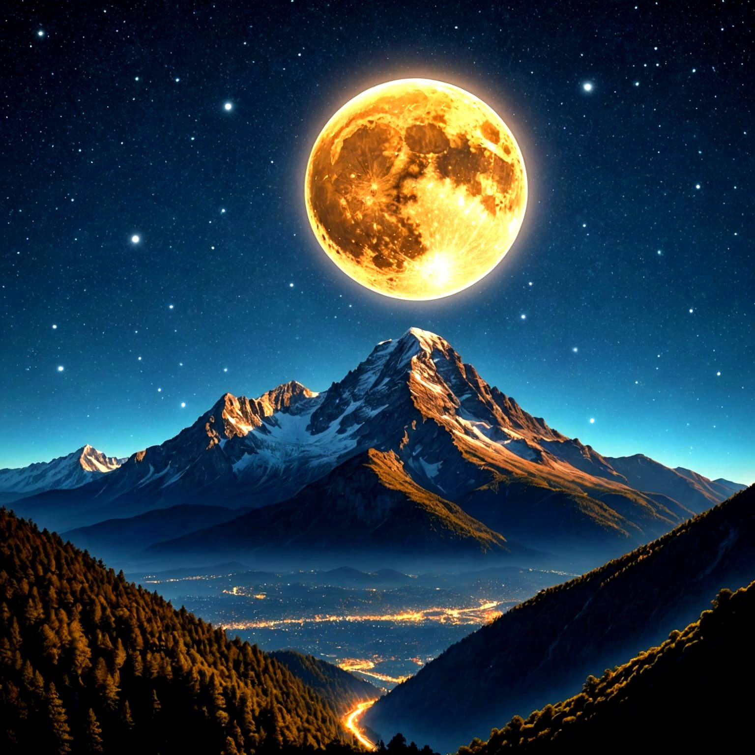 Majestic Mountain Under Enormous Moon in Pointillism