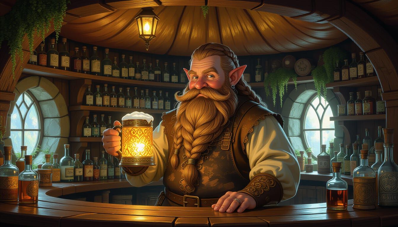 Dwarf Bartender Polishes Glowing Tankard in Mushroom Tavern