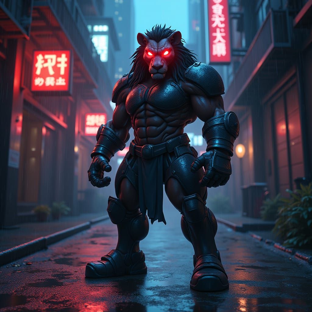 Armored Lion Guardian in Cyberpunk Alleyway