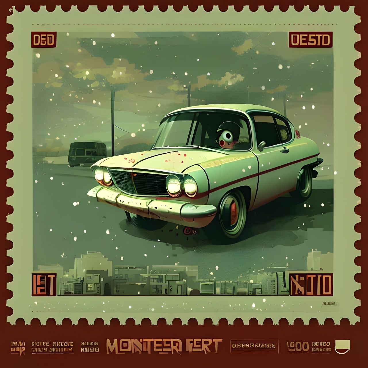 Cute Monster in Car on Postage Stamp