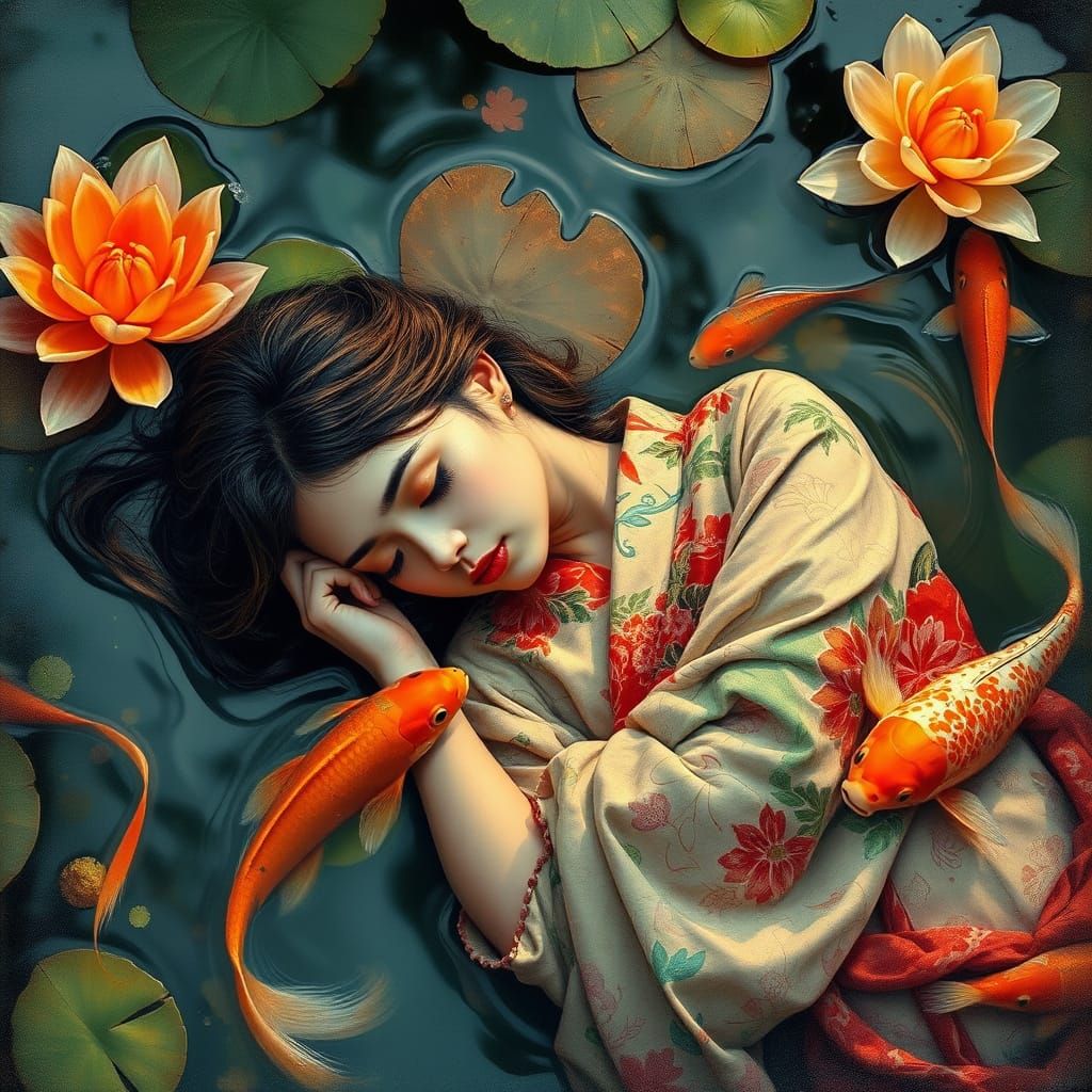 Surreal Kimono-clad Beauty in a Serene Pond Scene