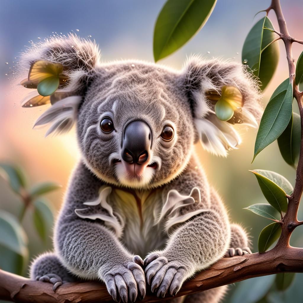 Super cute koala cub, super cute cartoon face, adorable.a warm smile, on a branch of a mango tree, captured in the soft ...