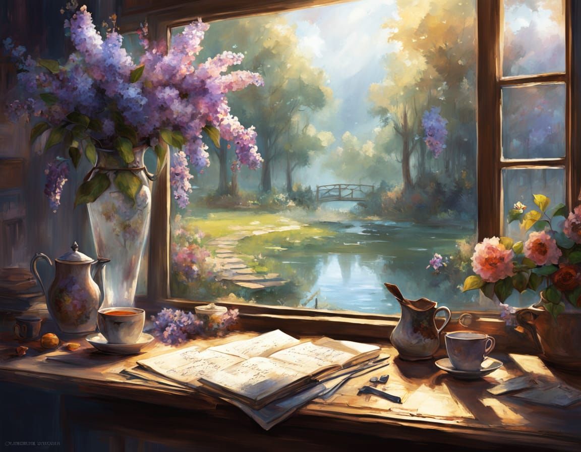 Romantic Countryside Scene with Lilacs and Coffee Cup